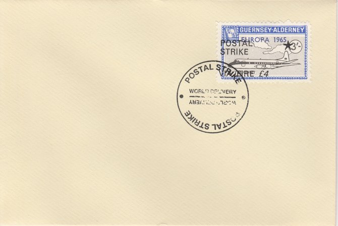 Guernsey - Alderney 1971 Postal Strike cover to Ireland bearing Viscount 3s overprinted Europa 1965 additionally overprinted 'POSTAL STRIKE VIA EIRE £4' cancelled with World Delivery postmark, stamps on aviation, stamps on europa, stamps on strike, stamps on viscount
