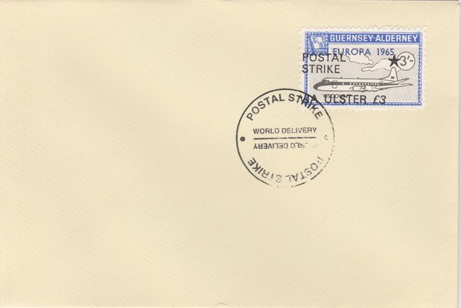 Guernsey - Alderney 1971 Postal Strike cover to Ulster bearing Viscount 3s overprinted Europa 1965 additionally overprinted 'POSTAL STRIKE VIA ULSTER £3' cancelled with World Delivery postmark, stamps on aviation, stamps on europa, stamps on strike, stamps on viscount