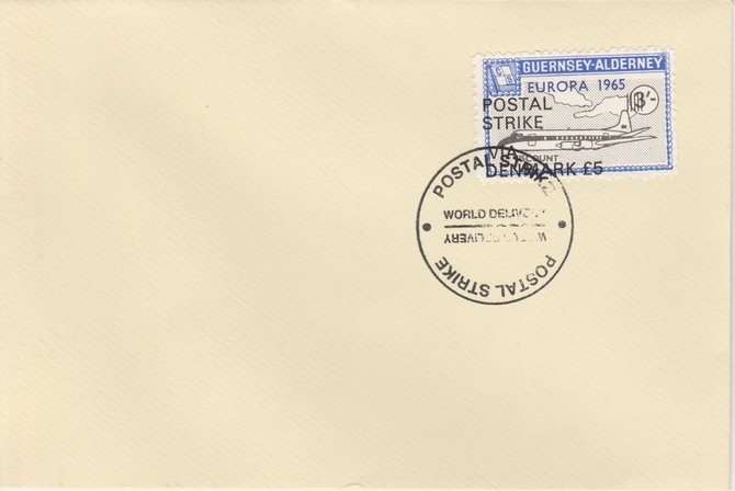 Guernsey - Alderney 1971 Postal Strike cover to Denmark bearing Viscount 3s overprinted Europa 1965 additionally overprinted POSTAL STRIKE VIA DENMARK Â£5 cancelled wit..., stamps on aviation, stamps on europa, stamps on strike, stamps on viscount