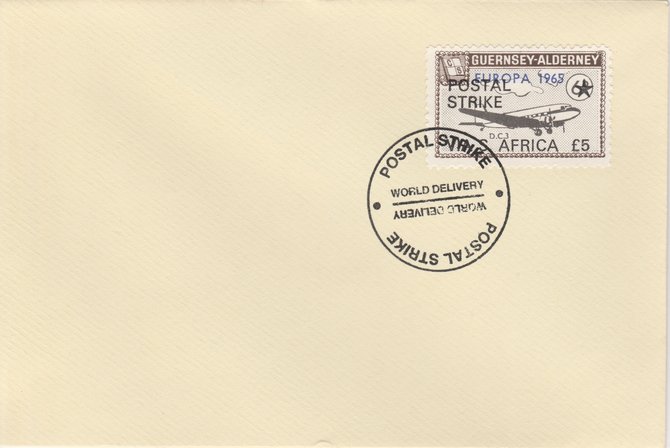 Guernsey - Alderney 1971 Postal Strike cover to South Africa bearing DC-3 6d overprinted Europa 1965 additionally overprinted 'POSTAL STRIKE VIA S AFRICA Â£5' cancelled with World Delivery postmark, stamps on , stamps on  stamps on aviation, stamps on  stamps on europa, stamps on  stamps on strike, stamps on  stamps on viscount