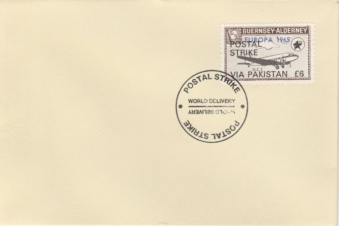 Guernsey - Alderney 1971 Postal Strike cover to Pakistan bearing DC-3 6d overprinted Europa 1965 additionally overprinted 'POSTAL STRIKE VIA PAKISTAN Â£6' cancelled with World Delivery postmark, stamps on , stamps on  stamps on aviation, stamps on  stamps on europa, stamps on  stamps on strike, stamps on  stamps on viscount