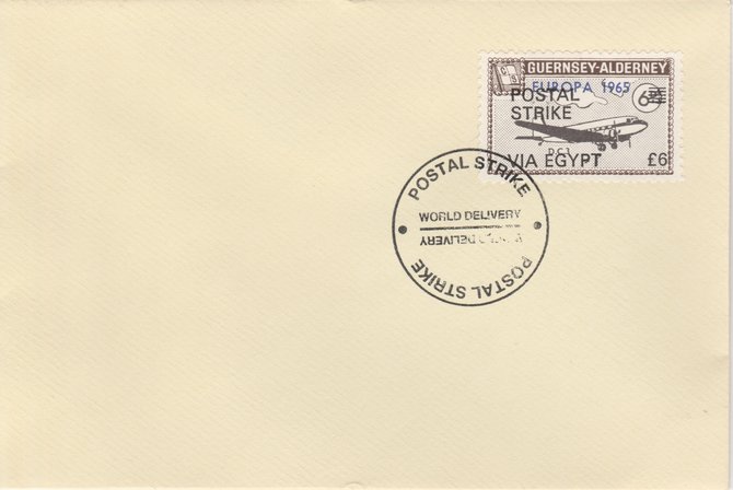 Guernsey - Alderney 1971 Postal Strike cover to Egypt bearing DC-3 6d overprinted Europa 1965 additionally overprinted 'POSTAL STRIKE VIA EGYPT £6' cancelled with World Delivery postmark, stamps on aviation, stamps on europa, stamps on strike, stamps on viscount