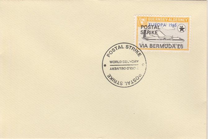 Guernsey - Alderney 1971 Postal Strike cover to Bermuda bearing Dart Herald 1s overprinted Europa 1965 additionally overprinted 'POSTAL STRIKE VIA BERMUDA Â£6' cancelled with World Delivery postmark, stamps on , stamps on  stamps on aviation, stamps on  stamps on europa, stamps on  stamps on strike, stamps on  stamps on viscount