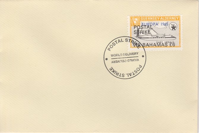 Guernsey - Alderney 1971 Postal Strike cover to Bahamas bearing Dart Herald 1s overprinted Europa 1965 additionally overprinted 'POSTAL STRIKE VIA BAHAMAS Â£6' cancelled with World Delivery postmark, stamps on , stamps on  stamps on aviation, stamps on  stamps on europa, stamps on  stamps on strike, stamps on  stamps on viscount