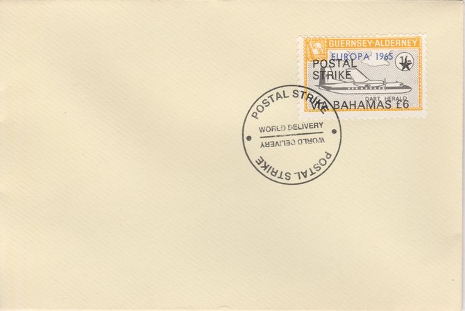 Guernsey - Alderney 1971 Postal Strike cover to Bahamas bearing Dart Herald 1s overprinted Europa 1965 additionally overprinted 'POSTAL STRIKE VIA BAHAMAS £6' cancelled with World Delivery postmark, stamps on aviation, stamps on europa, stamps on strike, stamps on viscount