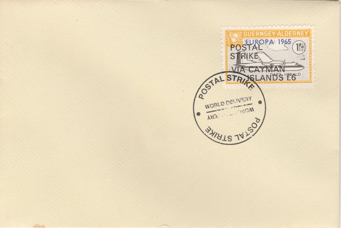Guernsey - Alderney 1971 Postal Strike cover to Cayman Islands bearing Dart Herald 1s overprinted Europa 1965 additionally overprinted 'POSTAL STRIKE VIA CAYMAN ISLANDS £6' cancelled with World Delivery postmark, stamps on aviation, stamps on europa, stamps on strike, stamps on viscount