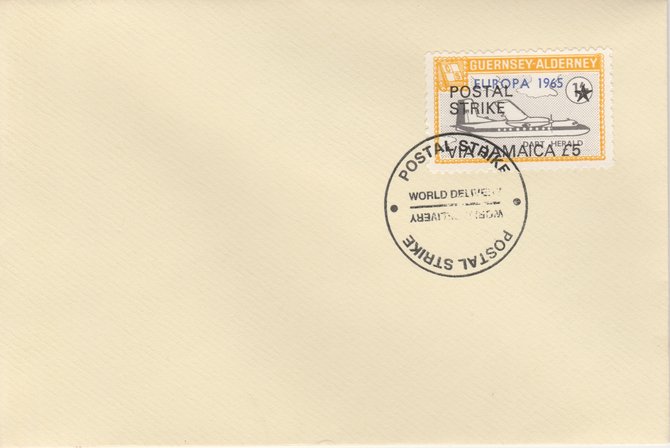 Guernsey - Alderney 1971 Postal Strike cover to Jamaica bearing Dart Herald 1s overprinted Europa 1965 additionally overprinted 'POSTAL STRIKE VIA JAMAICA £5' cancelled with World Delivery postmark, stamps on aviation, stamps on europa, stamps on strike, stamps on viscount