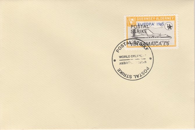 Guernsey - Alderney 1971 Postal Strike cover to Jamaica bearing Dart Herald 1s overprinted Europa 1965 additionally overprinted 'POSTAL STRIKE VIA JAMAICA Â£5' cancelled with World Delivery postmark, stamps on aviation, stamps on europa, stamps on strike, stamps on viscount