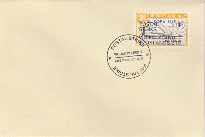 Guernsey - Alderney 1971 Postal Strike cover to Falkland Islands bearing Dart Herald 1s overprinted Europa 1965 additionally overprinted 'POSTAL STRIKE VIA FALKLAND ISLANDS £10' cancelled with World Delivery postmark, stamps on aviation, stamps on europa, stamps on strike, stamps on viscount