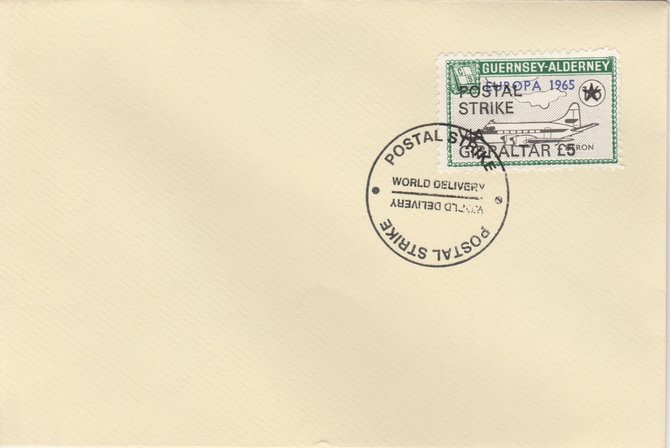 Guernsey - Alderney 1971 Postal Strike cover to Gibraltar bearing Heron 1s6d overprinted Europa 1965 additionally overprinted 'POSTAL STRIKE VIA GIBRALTAR Â£5' cancelled with World Delivery postmark, stamps on , stamps on  stamps on aviation, stamps on  stamps on europa, stamps on  stamps on strike, stamps on  stamps on heron