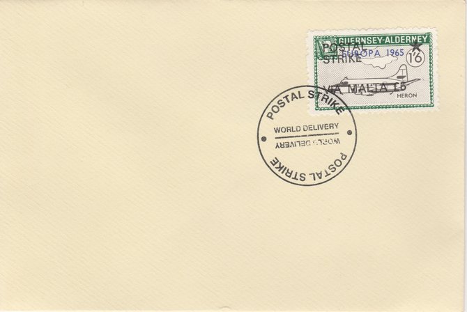 Guernsey - Alderney 1971 Postal Strike cover to Malta bearing Heron 1s6d overprinted Europa 1965 additionally overprinted POSTAL STRIKE VIA MALTA £5 cancelled with World..., stamps on aviation, stamps on europa, stamps on strike, stamps on viscount