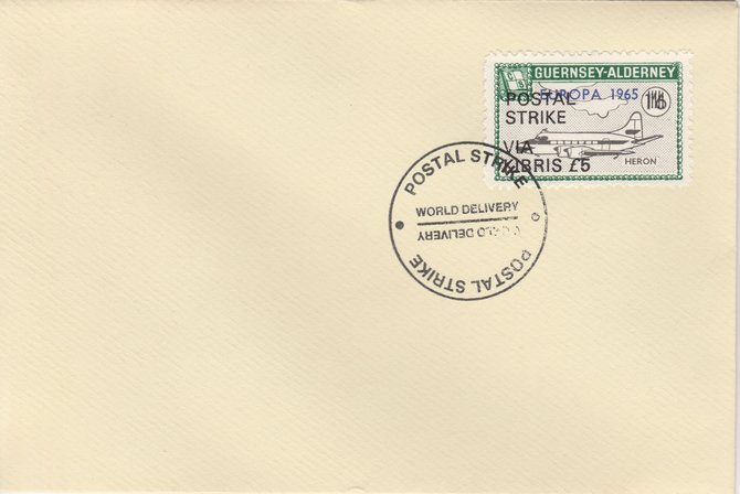 Guernsey - Alderney 1971 Postal Strike cover to Kibris bearing Heron 1s6d overprinted Europa 1965 additionally overprinted 'POSTAL STRIKE VIA KIBRIS £5' cancelled with World Delivery postmark, stamps on aviation, stamps on europa, stamps on strike, stamps on viscount