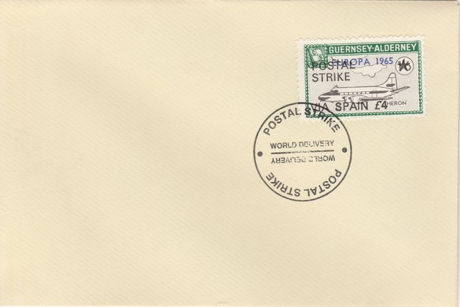 Guernsey - Alderney 1971 Postal Strike cover to Spain bearing Heron 1s6d overprinted Europa 1965 additionally overprinted 'POSTAL STRIKE VIA SPAIN Â£4' cancelled with World Delivery postmark, stamps on aviation, stamps on europa, stamps on strike, stamps on viscount