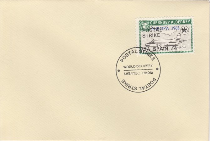 Guernsey - Alderney 1971 Postal Strike cover to Spain bearing Heron 1s6d overprinted Europa 1965 additionally overprinted 'POSTAL STRIKE VIA SPAIN £4' cancelled with World Delivery postmark, stamps on aviation, stamps on europa, stamps on strike, stamps on viscount
