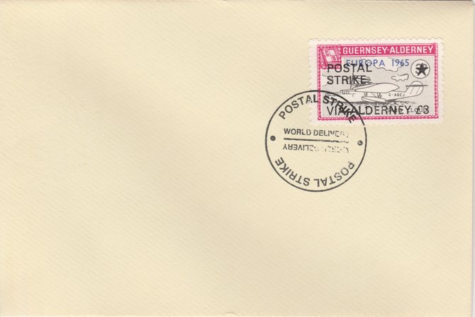 Guernsey - Alderney 1971 Postal Strike cover to Alderney bearing Flying Boat Saro Cloud 3d overprinted Europa 1965 additionally overprinted 'POSTAL STRIKE VIA ALDERNEY Â£3' cancelled with World Delivery postmark, stamps on , stamps on  stamps on aviation, stamps on  stamps on europa, stamps on  stamps on strike, stamps on  stamps on viscount