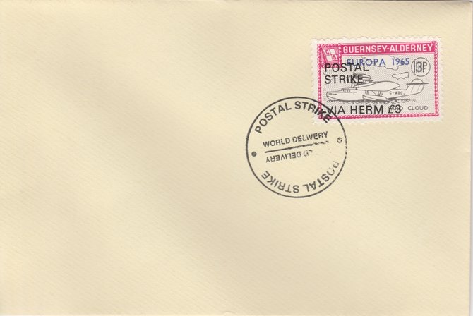 Guernsey - Alderney 1971 Postal Strike cover to Herm bearing Flying Boat Saro Cloud 3d overprinted Europa 1965 additionally overprinted 'POSTAL STRIKE VIA HERM 3' cancelled with World Delivery postmark, stamps on , stamps on  stamps on aviation, stamps on  stamps on europa, stamps on  stamps on strike, stamps on  stamps on viscount