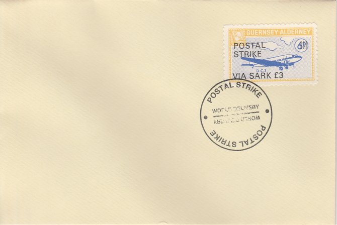 Guernsey - Alderney 1971 Postal Strike cover to Sark bearing 1967 DC-3 6d overprinted 'POSTAL STRIKE VIA SARK £3' cancelled with World Delivery postmark, stamps on aviation, stamps on europa, stamps on strike, stamps on viscount