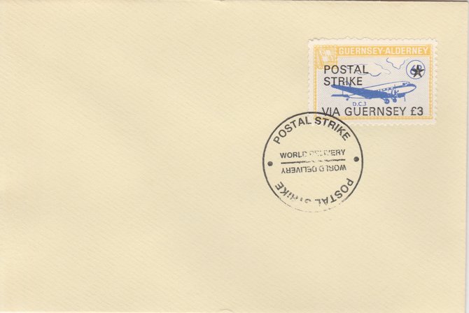 Guernsey - Alderney 1971 Postal Strike cover to Guernsey bearing 1967 DC-3 6d overprinted 'POSTAL STRIKE VIA GUERNSEY Â£3' cancelled with World Delivery postmark, stamps on , stamps on  stamps on aviation, stamps on  stamps on europa, stamps on  stamps on strike, stamps on  stamps on viscount