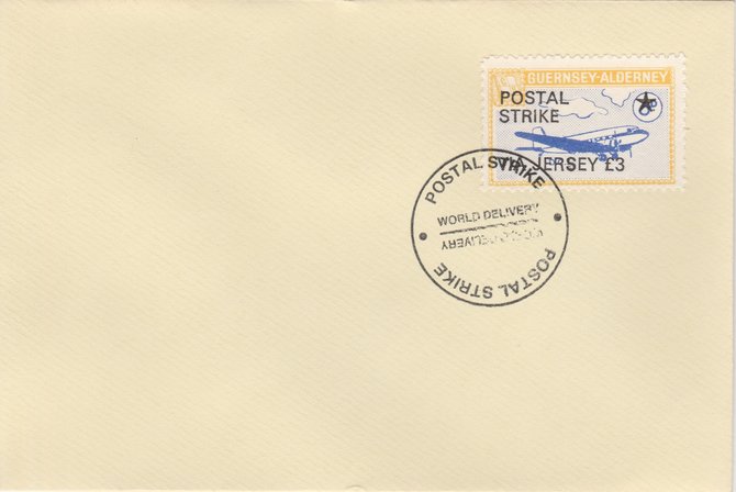 Guernsey - Alderney 1971 Postal Strike cover to Jersey bearing 1967 DC-3 6d overprinted 'POSTAL STRIKE VIA JERSEY Â£3' cancelled with World Delivery postmark, stamps on , stamps on  stamps on aviation, stamps on  stamps on europa, stamps on  stamps on strike, stamps on  stamps on viscount