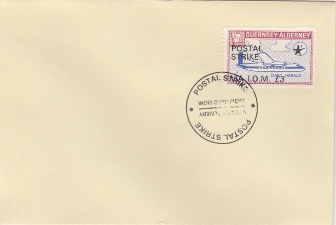 Guernsey - Alderney 1971 Postal Strike cover to Isle of Man bearing 1967 Dart Herald 1s overprinted 'POSTAL STRIKE VIA IOM Â£3' cancelled with World Delivery postmark, stamps on aviation, stamps on europa, stamps on strike, stamps on viscount