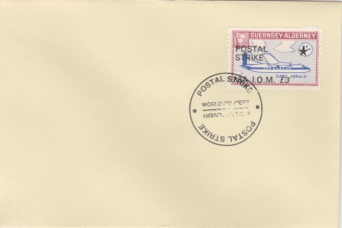 Guernsey - Alderney 1971 Postal Strike cover to Isle of Man bearing 1967 Dart Herald 1s overprinted 'POSTAL STRIKE VIA IOM £3' cancelled with World Delivery postmark, stamps on aviation, stamps on europa, stamps on strike, stamps on viscount