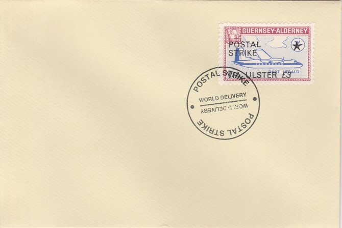 Guernsey - Alderney 1971 Postal Strike cover to Ulster bearing 1967 Dart Herald 1s overprinted 'POSTAL STRIKE VIA ULSTER £3' cancelled with World Delivery postmark, stamps on aviation, stamps on europa, stamps on strike, stamps on viscount