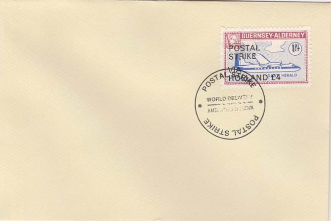 Guernsey - Alderney 1971 Postal Strike cover to Holland bearing 1967 Dart Herald 1s overprinted 'POSTAL STRIKE VIA HOLLAND £4' cancelled with World Delivery postmark, stamps on aviation, stamps on europa, stamps on strike, stamps on viscount