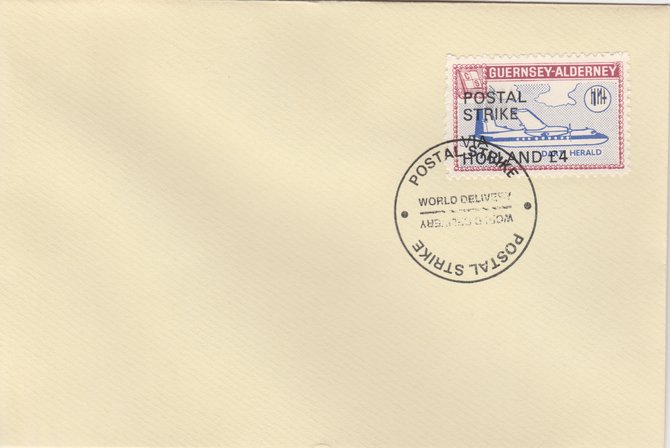 Guernsey - Alderney 1971 Postal Strike cover to Holland bearing 1967 Dart Herald 1s overprinted 'POSTAL STRIKE VIA HOLLAND Â£4' cancelled with World Delivery postmark, stamps on , stamps on  stamps on aviation, stamps on  stamps on europa, stamps on  stamps on strike, stamps on  stamps on viscount