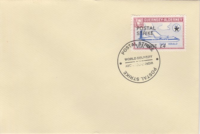 Guernsey - Alderney 1971 Postal Strike cover to Ireland bearing 1967 Dart Herald 1s overprinted 'POSTAL STRIKE VIA EIRE £4' cancelled with World Delivery postmark, stamps on aviation, stamps on europa, stamps on strike, stamps on viscount