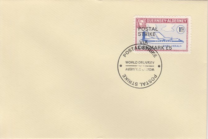 Guernsey - Alderney 1971 Postal Strike cover to Denmark bearing 1967 Dart Herald 1s overprinted 'POSTAL STRIKE VIA DENMARK £5' cancelled with World Delivery postmark, stamps on , stamps on  stamps on aviation, stamps on  stamps on europa, stamps on  stamps on strike, stamps on  stamps on viscount