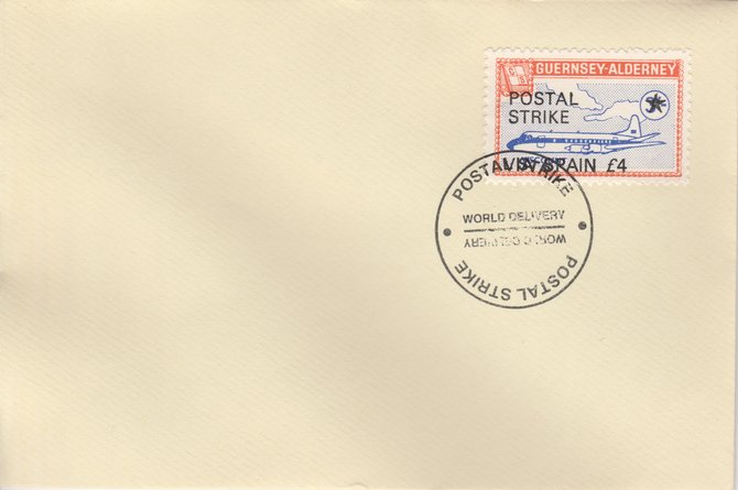 Guernsey - Alderney 1971 Postal Strike cover to Spain bearing 1967 Viscount 3s overprinted 'POSTAL STRIKE VIA SPAIN Â£4' cancelled with World Delivery postmark, stamps on , stamps on  stamps on aviation, stamps on  stamps on europa, stamps on  stamps on strike, stamps on  stamps on viscount