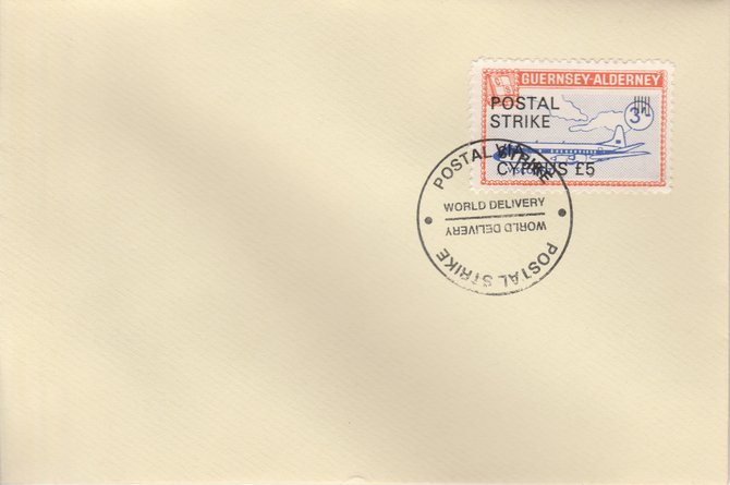 Guernsey - Alderney 1971 Postal Strike cover to Cyprus bearing 1967 Viscount 3s overprinted 'POSTAL STRIKE VIA CYPRUS Â£5' cancelled with World Delivery postmark, stamps on , stamps on  stamps on aviation, stamps on  stamps on europa, stamps on  stamps on strike, stamps on  stamps on viscount