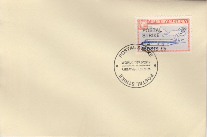 Guernsey - Alderney 1971 Postal Strike cover to Kibris bearing 1967 Viscount 3s overprinted 'POSTAL STRIKE VIA KIBRIS Â£5' cancelled with World Delivery postmark, stamps on , stamps on  stamps on aviation, stamps on  stamps on europa, stamps on  stamps on strike, stamps on  stamps on viscount