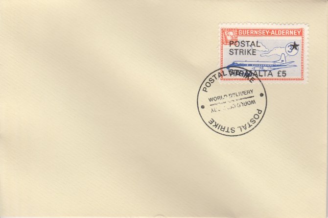 Guernsey - Alderney 1971 Postal Strike cover to Malta bearing 1967 Viscount 3s overprinted POSTAL STRIKE VIA MALTA £5 cancelled with World Delivery postmark, stamps on aviation, stamps on europa, stamps on strike, stamps on viscount