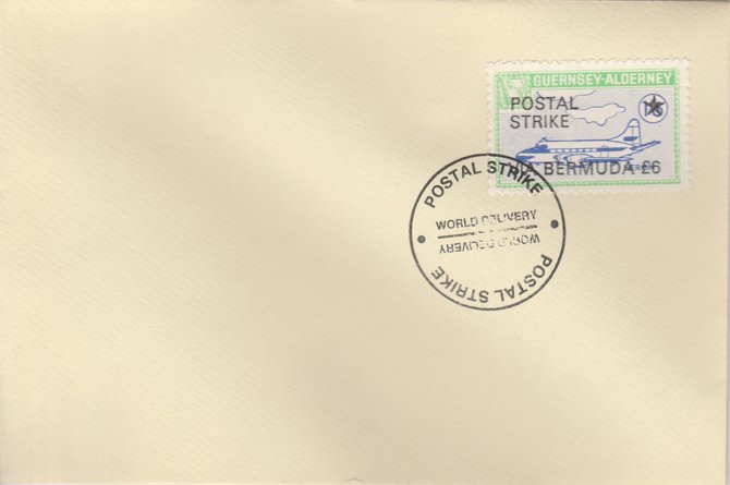 Guernsey - Alderney 1971 Postal Strike cover to Bermuda bearing 1967 Heron 1s6d overprinted 'POSTAL STRIKE VIA BERMUDA Â£6' cancelled with World Delivery postmark, stamps on , stamps on  stamps on aviation, stamps on  stamps on europa, stamps on  stamps on strike, stamps on  stamps on viscount