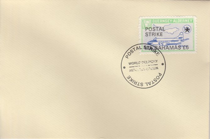 Guernsey - Alderney 1971 Postal Strike cover to Bahamas bearing 1967 Heron 1s6d overprinted 'POSTAL STRIKE VIA BAHAMAS Â£6' cancelled with World Delivery postmark, stamps on , stamps on  stamps on aviation, stamps on  stamps on europa, stamps on  stamps on strike, stamps on  stamps on viscount