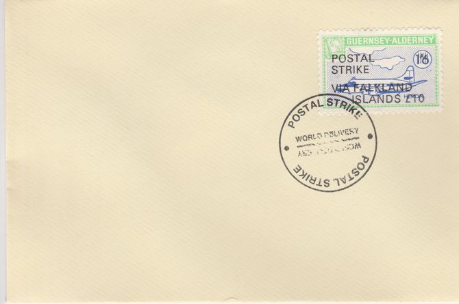 Guernsey - Alderney 1971 Postal Strike cover to Falkland Islands bearing 1967 Heron 1s6d overprinted 'POSTAL STRIKE VIA FALKLAND ISLANDS Â£10' cancelled with World Delivery postmark, stamps on , stamps on  stamps on aviation, stamps on  stamps on europa, stamps on  stamps on strike, stamps on  stamps on viscount