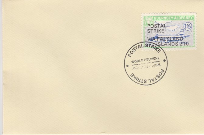 Guernsey - Alderney 1971 Postal Strike cover to Falkland Islands bearing 1967 Heron 1s6d overprinted 'POSTAL STRIKE VIA FALKLAND ISLANDS £10' cancelled with World Delivery postmark, stamps on aviation, stamps on europa, stamps on strike, stamps on viscount