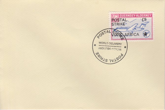 Guernsey - Alderney 1971 Postal Strike cover to South Africa bearing 1967 BAC One-Eleven 3d overprinted 'POSTAL STRIKE VIA S AFRICA £5' cancelled with World Delivery postmark, stamps on aviation, stamps on europa, stamps on strike, stamps on viscount