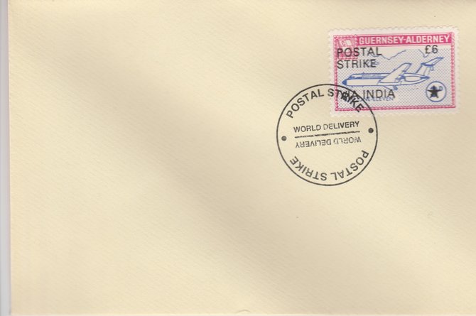 Guernsey - Alderney 1971 Postal Strike cover to India bearing 1967 BAC One-Eleven 3d overprinted 'POSTAL STRIKE VIA INDIA Â£6' cancelled with World Delivery postmark, stamps on , stamps on  stamps on aviation, stamps on  stamps on europa, stamps on  stamps on strike, stamps on  stamps on viscount