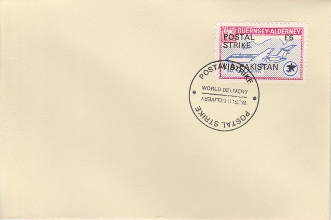 Guernsey - Alderney 1971 Postal Strike cover to Pakistan bearing 1967 BAC One-Eleven 3d overprinted 'POSTAL STRIKE VIA PAKISTAN £6' cancelled with World Delivery postmark, stamps on aviation, stamps on europa, stamps on strike, stamps on viscount