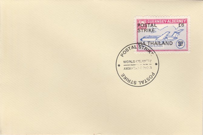 Guernsey - Alderney 1971 Postal Strike cover to Thailand bearing 1967 BAC One-Eleven 3d overprinted 'POSTAL STRIKE VIA THAILAND Â£6' cancelled with World Delivery postmark, stamps on , stamps on  stamps on aviation, stamps on  stamps on europa, stamps on  stamps on strike, stamps on  stamps on viscount