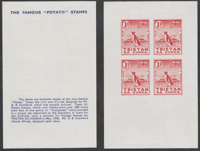 Tristan da Cunha - reprint sheetlet containing block of 4 'Potato' essays designed by A B Crawford (1d value = 4 potatoes) A superb group of three: a) with RED OMITTED (main penguin design) b) with  BLUE OMITTED (historical text)plus c) normal sheetlet, rare and possibly unique, stamps on , stamps on  stamps on penguins, stamps on  stamps on cinderella