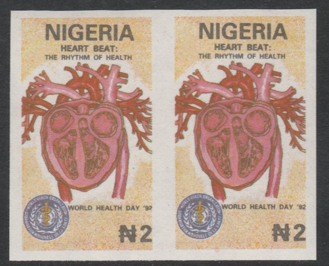 Nigeria 1992 World Health Day (Heart) 2n imperf pair unmounted mint as SG 628, stamps on medical, stamps on heart
