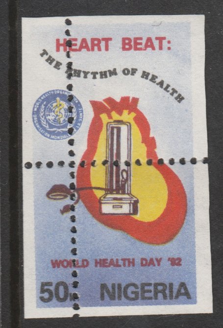 Nigeria 1992 World Health Day (Heart) 50k with perfrations misplaced unmounted mint as SG 625, stamps on , stamps on  stamps on medical, stamps on  stamps on heart