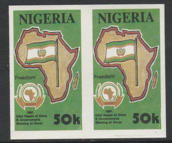 Nigeria 1988 25th Anniversary of OAU - Map of Africa 50k imperf pair unmounted mint as SG 609, stamps on constitutions  maps