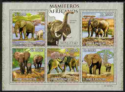 St Thomas & Prince Islands 2010 Animals of Africa - Elephants perf sheetlet containing 5 values unmounted mint , stamps on , stamps on  stamps on animals, stamps on  stamps on elephants