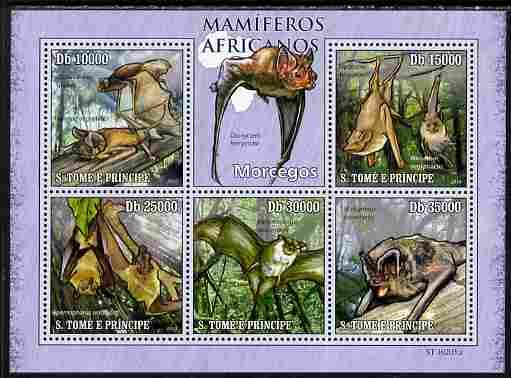 St Thomas & Prince Islands 2010 Animals of Africa - Bats perf sheetlet containing 5 values unmounted mint , stamps on animals, stamps on mammals, stamps on bats
