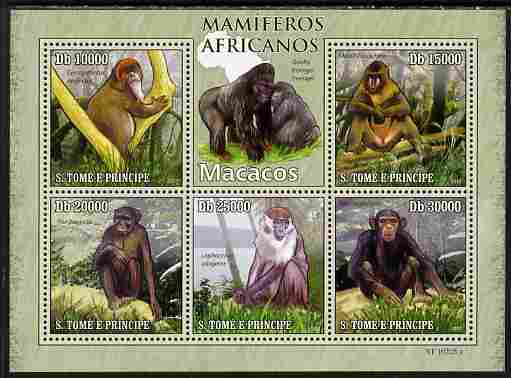 St Thomas & Prince Islands 2010 Animals of Africa - Monkeys perf sheetlet containing 5 values unmounted mint , stamps on , stamps on  stamps on animals, stamps on  stamps on monkeys, stamps on  stamps on apes