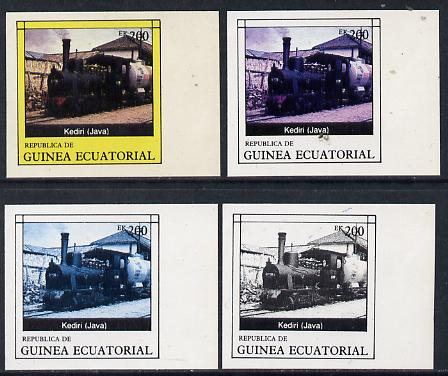 Equatorial Guinea 1977 Locomotives EK200 (Java Kediri) set of 4 imperf progressive proofs on ungummed paper comprising 1, 2, 3 and all 4 colours (as Mi 1152) , stamps on railways